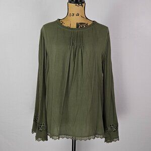 Olive Green Lace‎ Trim Embroidered Blouse Time and Tru L Boho Festival